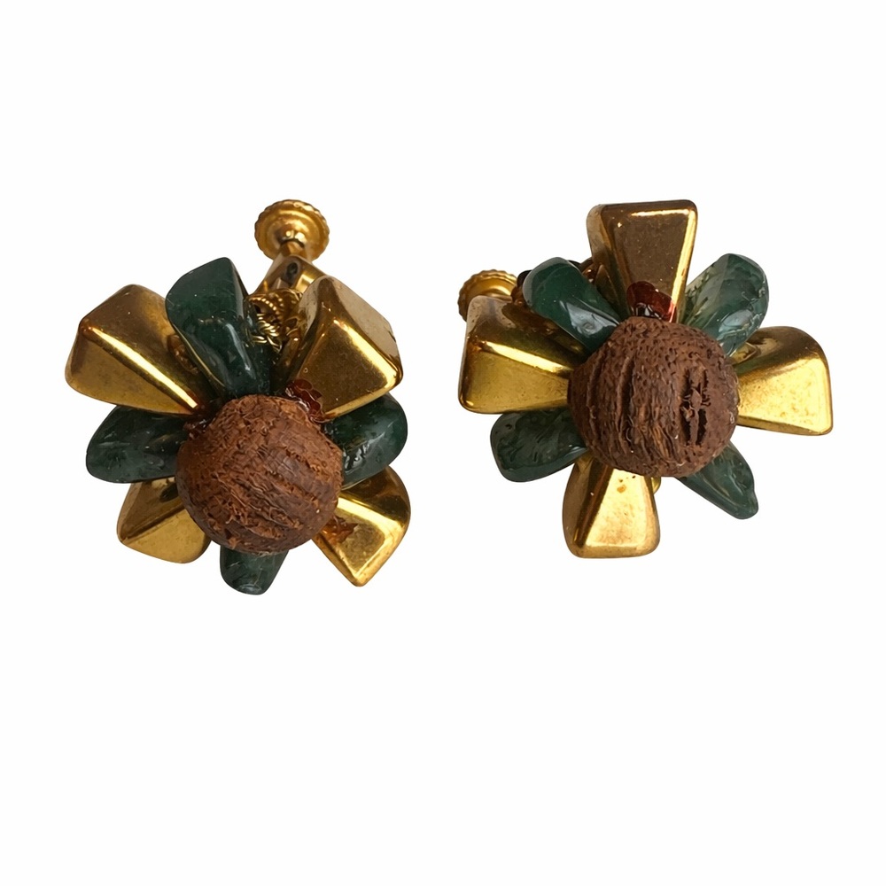 Vintage Signed Miriam Haskell Sculptural Gold & Green Cluster Earrings